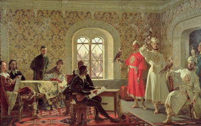 The Italian Ambassador Calvuci Drawing the Falcons of Tsar Alexei Mikhailovich (1629-76) 1889 by Alexander Dimitrievitch Litovtchenko